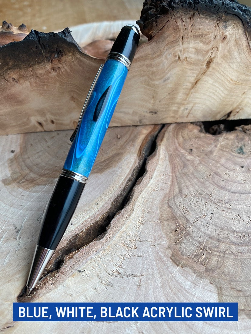 Handmade Pen - Blue, Black and White Swirl Rollerball Pen - Twist Style